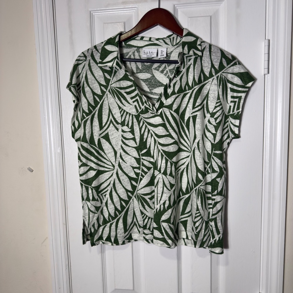 Nicole Miller New York 100% Linen Top Size L Green Tropical Leaf Print Blouse - Picture 1 of 4